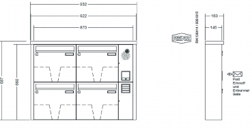 RENZ Briefkastenanlage Aufputz, Tetro, Edelstahl V4A, Kastenformat 370x330x145mm, mit Klingel - & Lichttaster und Vorbereitung Gegensprechanlage, 4-teilig